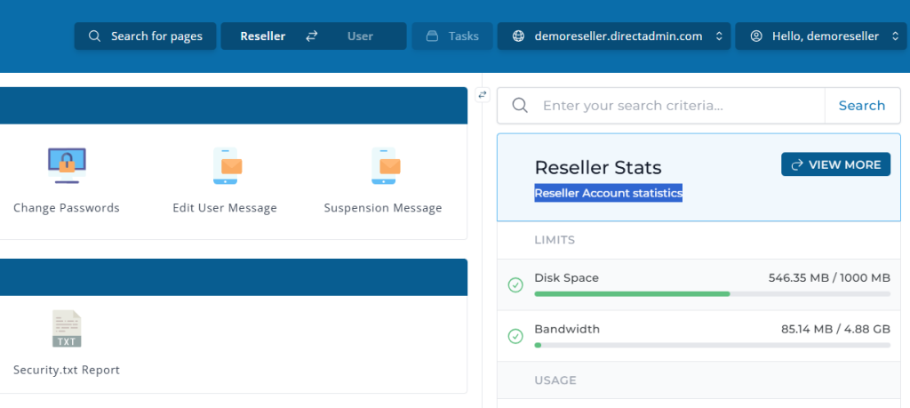 Statistics of Reseller Account in DirectAdmin